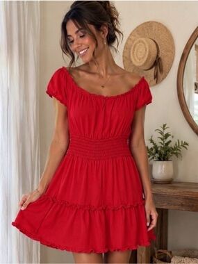 American Eagle Red Smocked Mini Dress Petite Small Off Shoulder Boho